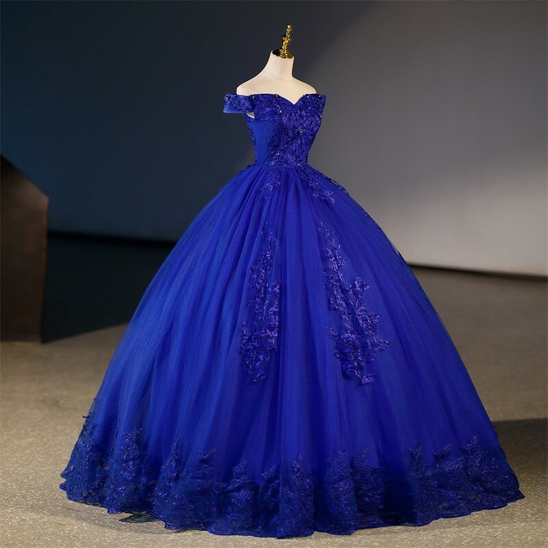 Letnia nowa niebieskie sukienki Quinceanera luksusowa sukienka z odkrytymi ramionami elegancka kula z kwiatów suknia klasyczne koronki sukienka na studniówkę Plus Size