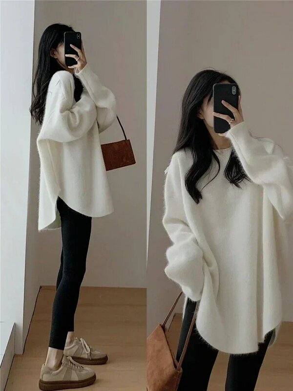 Jesienno-zimowa damska nadwymiarowy sweter koreańska moda leniwa wewnętrzna bluza z długim rękawem sweter do pracy