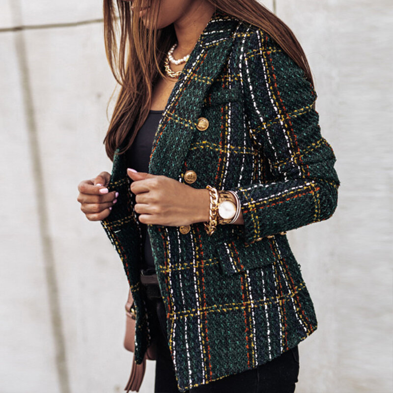 Blazer xadrez de manga longa feminino, blusa dupla, casaco fino de tweed, roupa de senhora do escritório, jaqueta de primavera e outono, novo, 2022