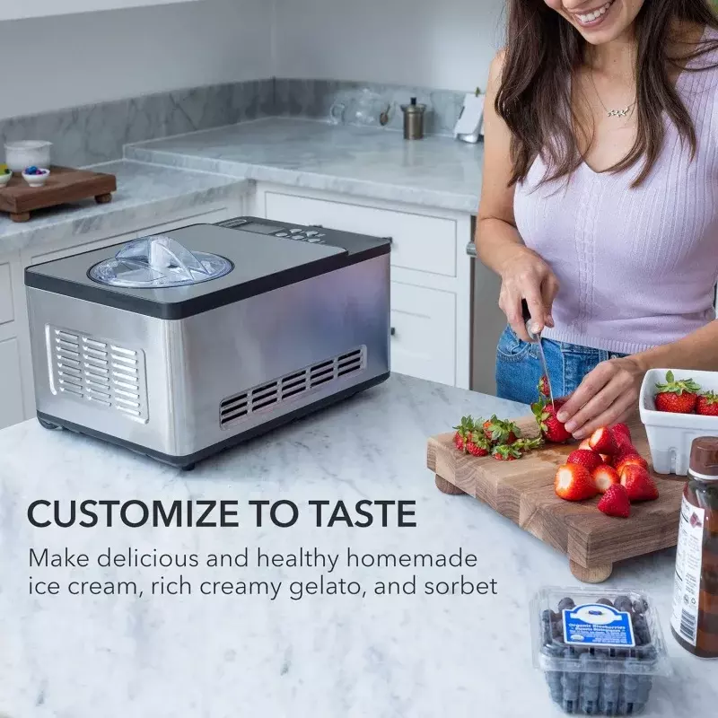 Whynter Automatic Ice Cream Maker, ICM-200LS, capacidade de 2,1 quartos, compressor embutido, sem pré-congelamento, display digital LCD