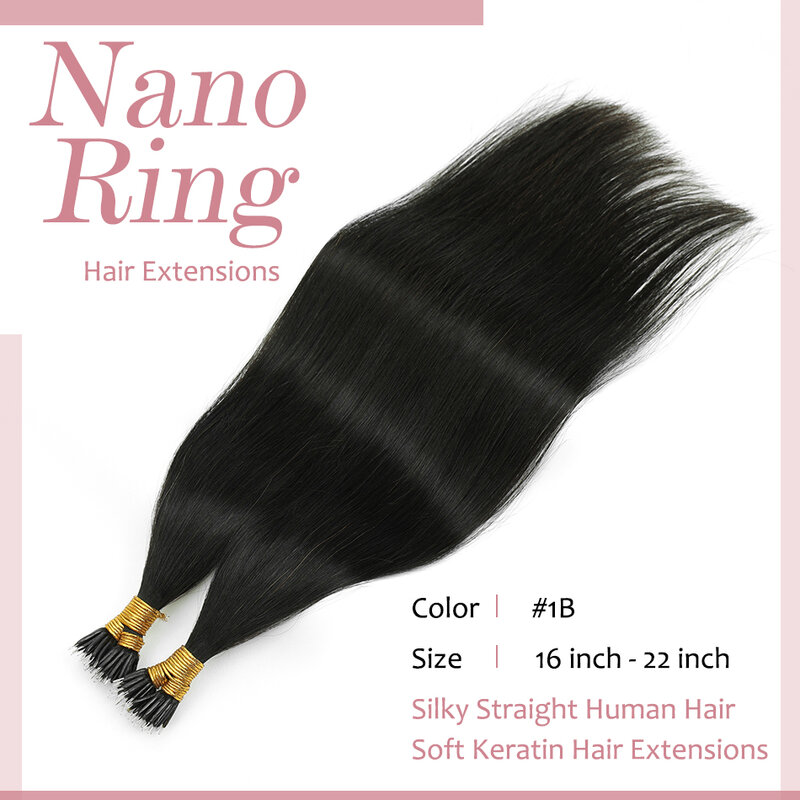 Extensões de anel nano para mulheres, cabelo humano, cor natural, fusão fria, ponta nano preta, 16-22 em