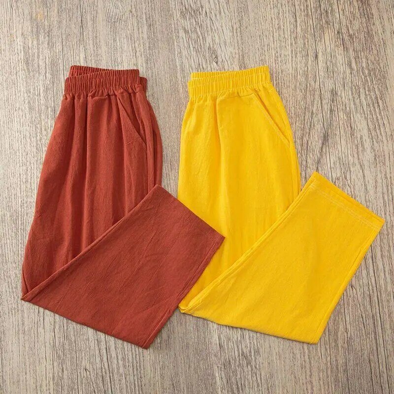 Pantalones de lino y algodón con cintura elástica para mujer, pantalón informal, holgado, Harem, de verano