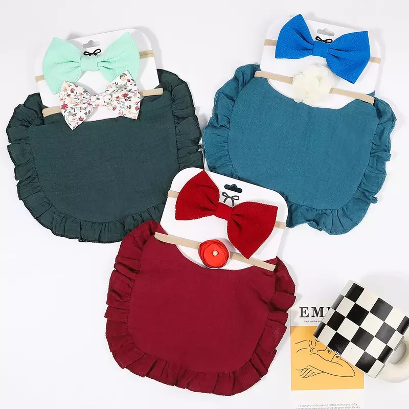 2/3 Pcs Baby Headband Burp Cloth Set Baby Bib Tassel Burp Cloth Newborn Double-sided Bib Turban Burp Cloth Feeding Cover