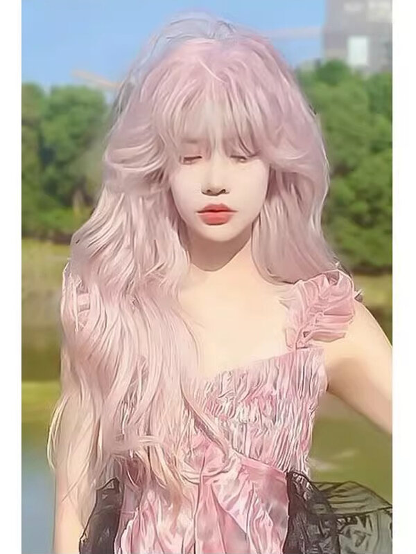 Pink Long Curly Hair Big Wave Cos Universal Light Girl Lolita Jk Full-Head Wig