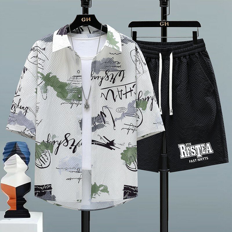 Graffiti Men's Set Summer Shirt+Shorts Two Piece Set Fashion Sportswear Men's Casual Set Spring Men's Fashion Shorts Shirt