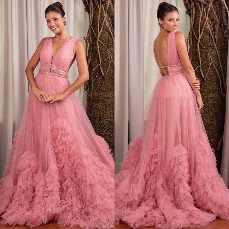 Tulle Draped Pleat Clubbing Ball Gown V-neck Bespoke Occasion Gown Long Dresses