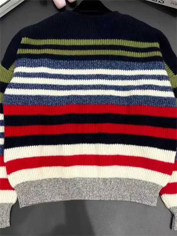 Женский свитер в контрастную полоску, повседневный Универсальный трикотажный пуловер с круглым вырезом и длинным рукавом на осень