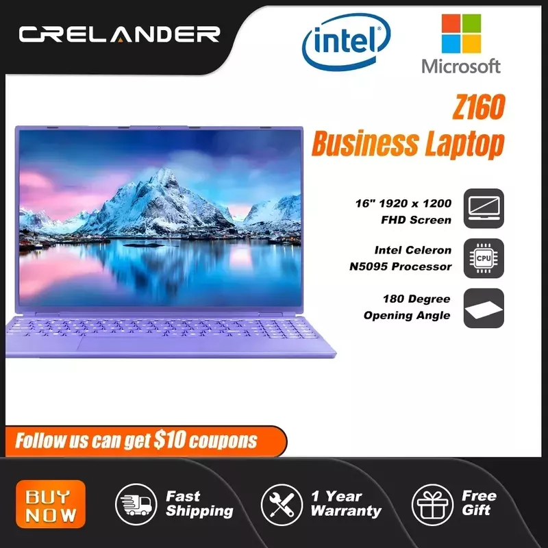 Crelander แล็ปท็อปธุรกิจ16นิ้วหน้าจอ IPS Celeron N5095 12GB RAM RAM แกนบลูทูธ5.0คอมพิวเตอร์โน้ตบุ๊ก