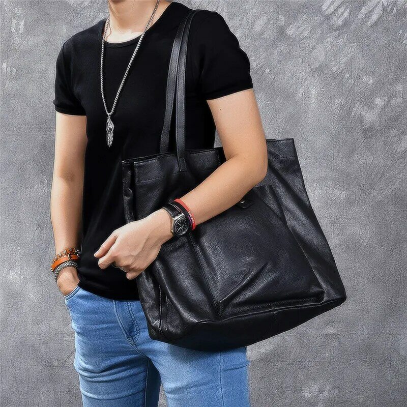 Casual luxury genuine leather large capacity men tote bag natural first layer cowhide outdoor travel handbag black shoulder bag