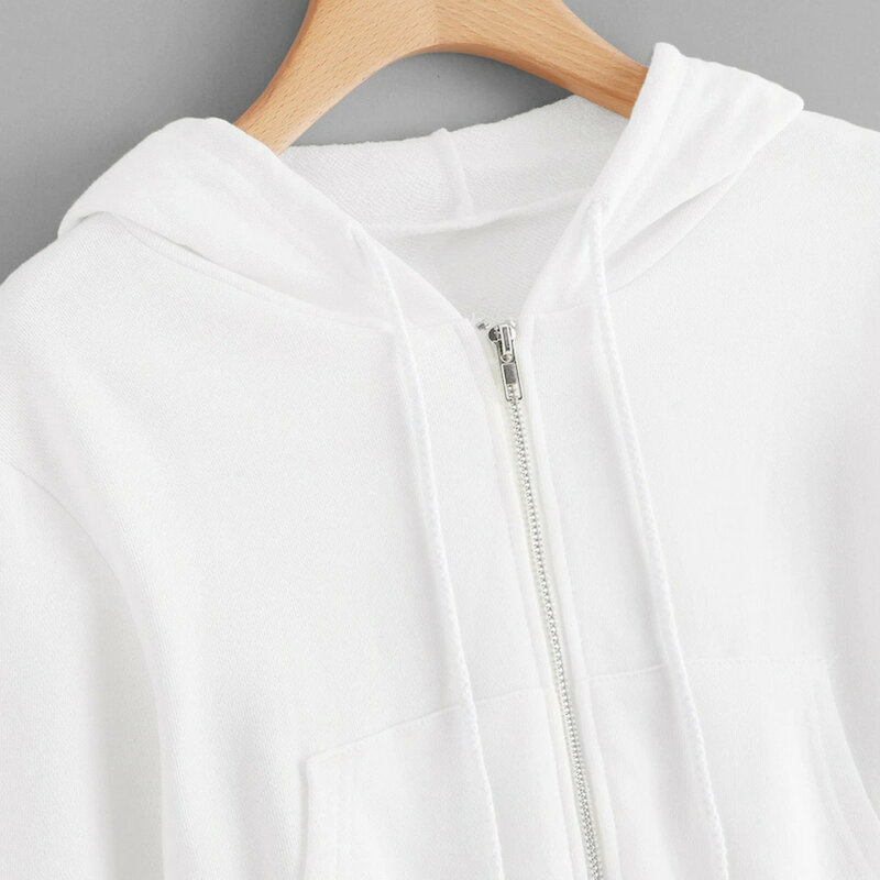 Chaqueta corta blanca informal para Mujer, camisa de manga larga con bolsillo y cremallera, Sudadera con capucha, sudaderas con capucha, Ropa femenina