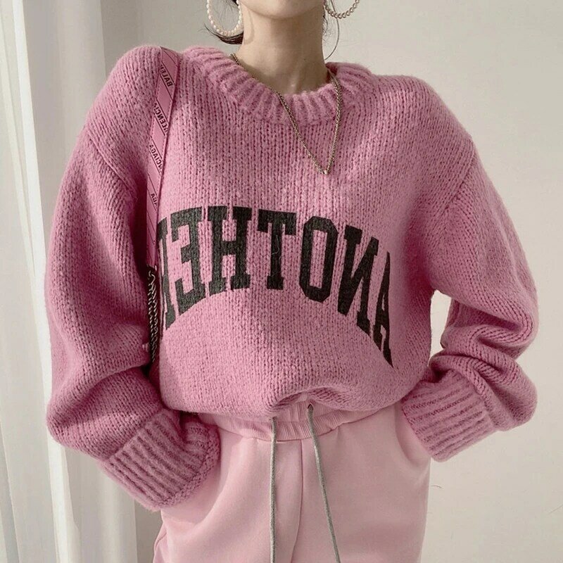 Camisola de malha com letra vintage feminina, suéter chique, manga comprida casual, rua alta, moda com todos os fósforos, inverno, 5 cores