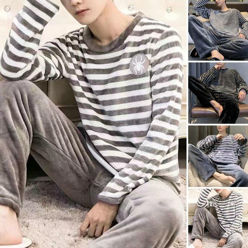 Men Soft Loungewear Striped Round Neck Men's Fall Winter Pajamas Set with Thick Coral Fleece Top Elastic Waist Pants for Warm