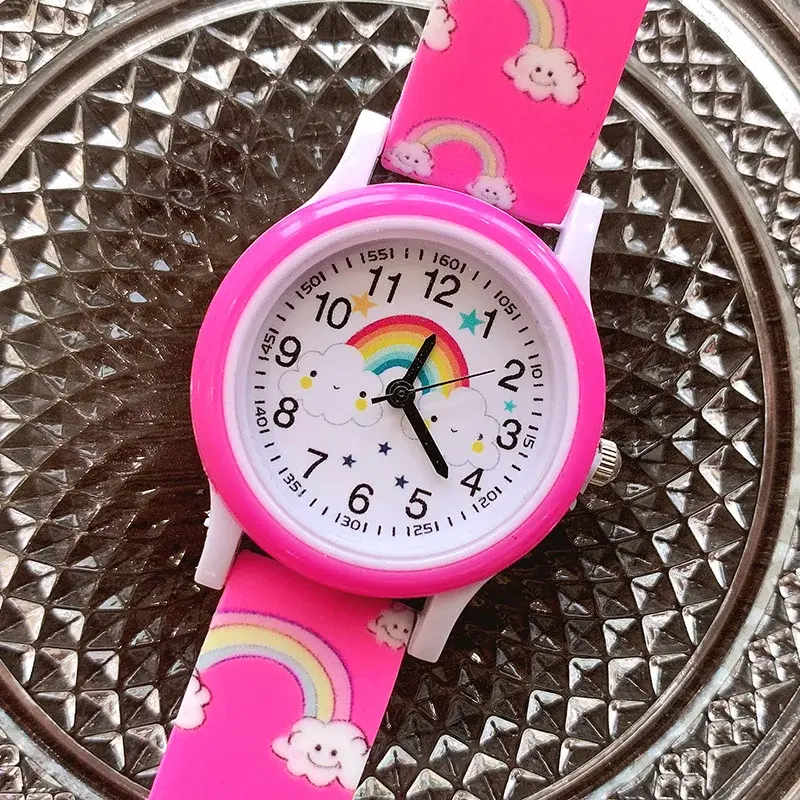 레인보우 클라우드 인쇄 실리콘 밴드 어린이 시계, 소녀 귀여운 만화 쿼츠 시계, 소년 소녀 시계, 2024 신제품