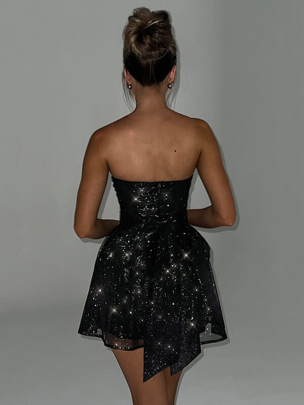 Mini vestido elegante sem alças Mozision para mulheres, fora do ombro, sem costas, lantejoulas plissadas, brilho, preto, sexy, clube, festa, moda