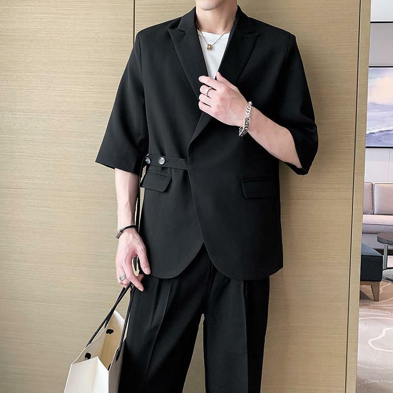 2-A1 Fragrant style suit men's summer Internet celebrity loose half-sleeved lacetrendy handsome suit with wide-leg trouser