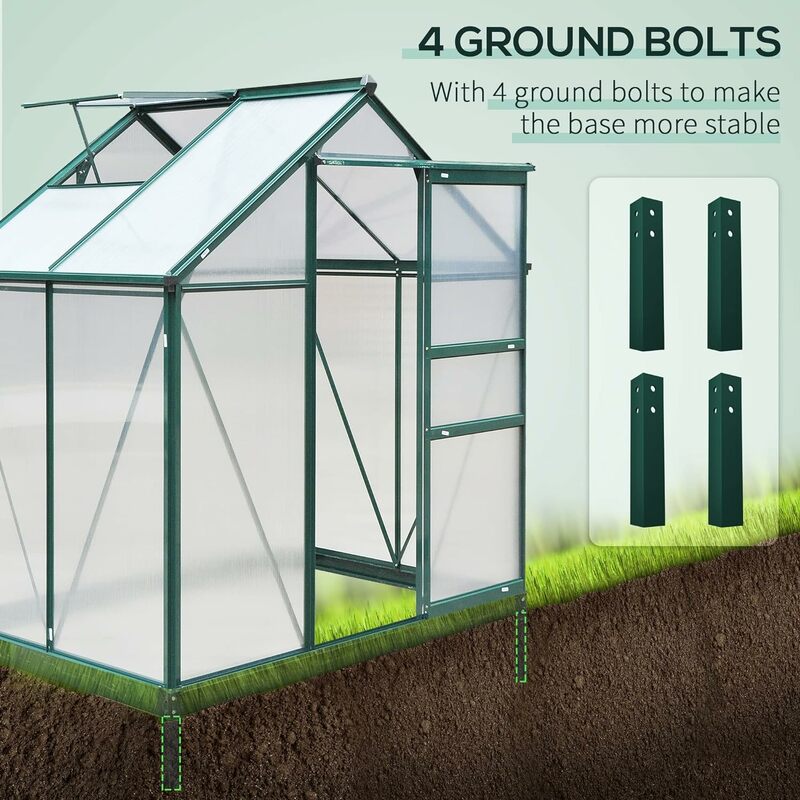 Invernadero de policarbonato de 6 'x 4' x 6,5 ', Kit de casa verde de aluminio para exteriores, resistente, con canalón de lluvia, ventilación y puerta