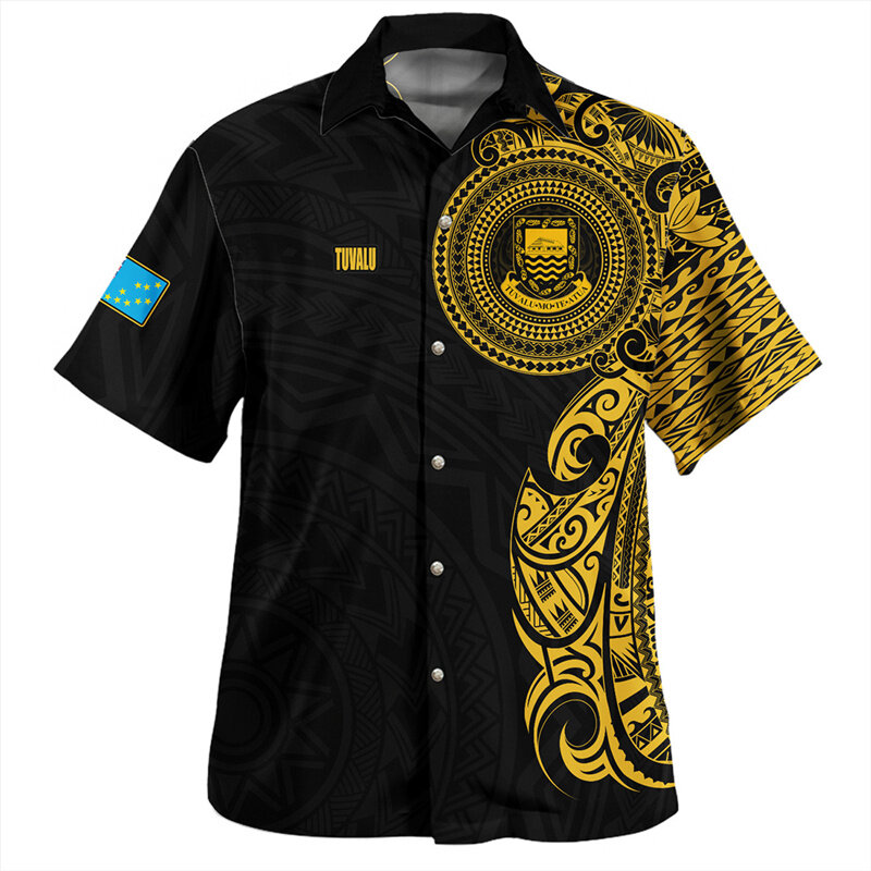 Summer Vintage 3D Polynesian Tuvalu Emblem Printed Shirts Tuvalu Flag Graphic Short Shirts Men Fashion Streetwear Shirts Blouses