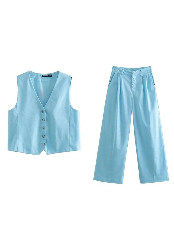 Женские льняные комплекты из 2 предметов, жилет и брюки с широкими штанинами, прямые офисные костюмы для выпускного вечера