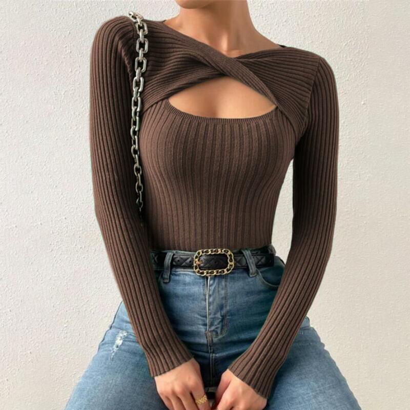 Sexy  Women Autumn Top Striped Texture Anti-pilling Spring Top Slim Fit Anti-shrink Spring Top Lady Garment
