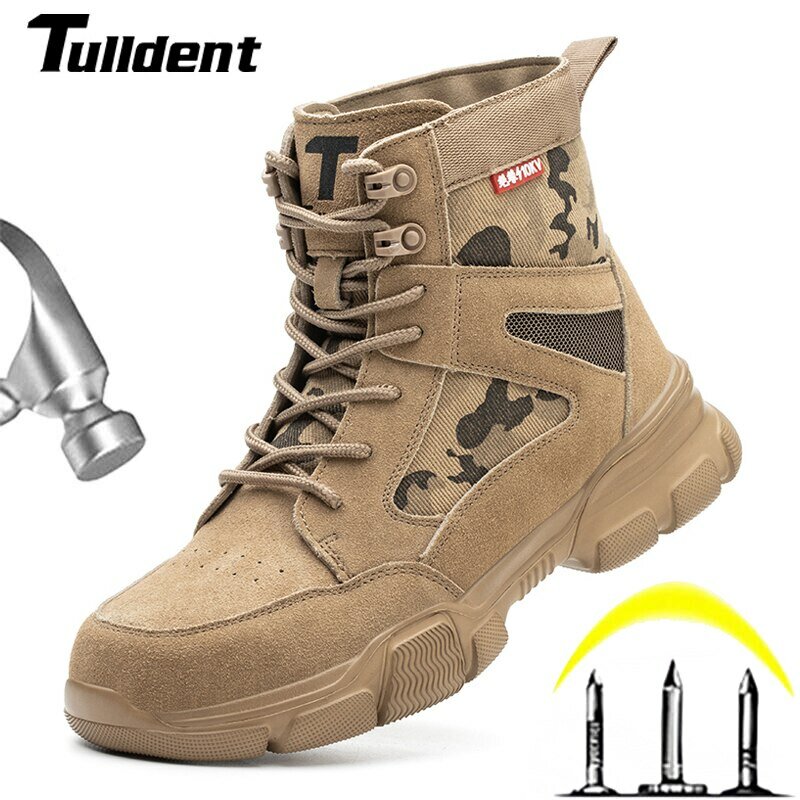 Botas de aço anti-perfuração para homens, Sapatos de segurança ao ar livre, Botas de combate indestrutíveis no deserto, Sapatos de proteção