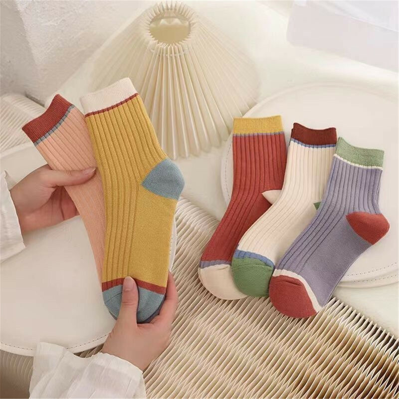 1 Pair  Women's Cotton Smile Embroidery Socks Cartoon Cute Solid Breathable Mid-tube Socks Happy Harajuku Casual Stripped Socks