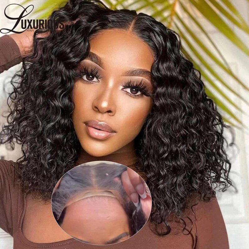 Wear Go Water Wave Lace Frontal Wig Curly Bob Upgraded No Glue Transparent Lace Closure Wigs Human Hair for Women Natural Black