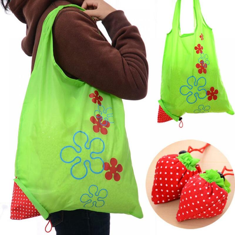 Tas belanja stroberi lipat besar, tas Tote Bag hijau nilon dapat digunakan kembali, tas penyimpanan kapasitas besar nyaman