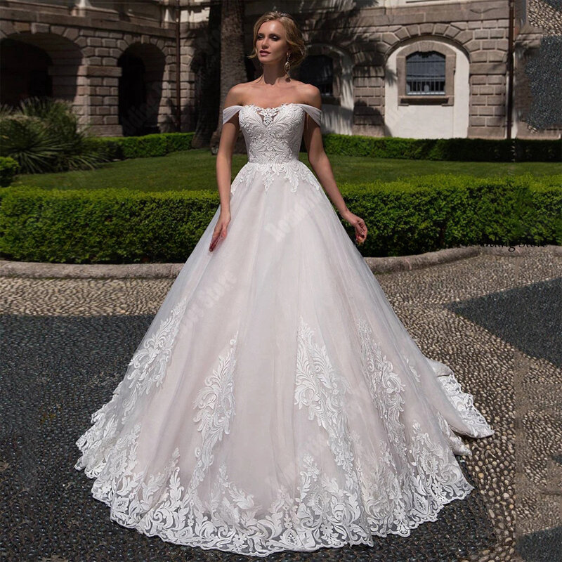 Gaun pengantin Tulle bahu terbuka gaun Prom punggung terbuka tanpa lengan kualitas tinggi minimalis panjang mengepel gaun pengantin