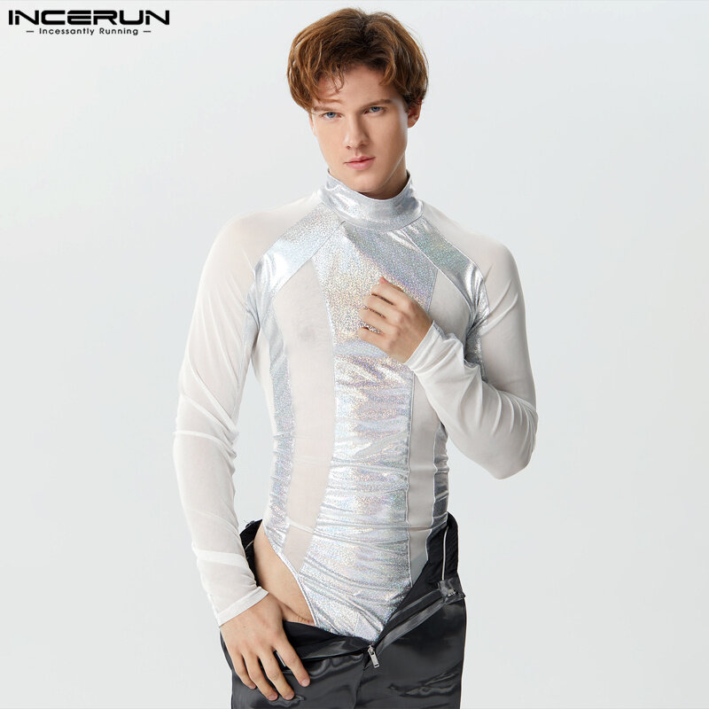 INCERUN 2024 Sexy Men's Homewear Thin Mesh Spliced Half High Neck Design Jumpsuits Stylish Triangle Long Sleeved Bodysuits S-3XL