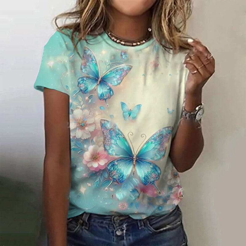 Koszulka damska z krótkim rękawem letnia bluzka z okrągłym dekoltem luźna nadrukowana moda z krótkim rękawem odzież damska elegancka koszulka