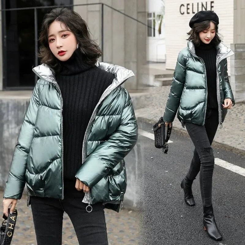Jaqueta de algodão solta coreana para mulheres, casaco curto brilhante, parkas grossos quentes, inverno, novo, 2023
