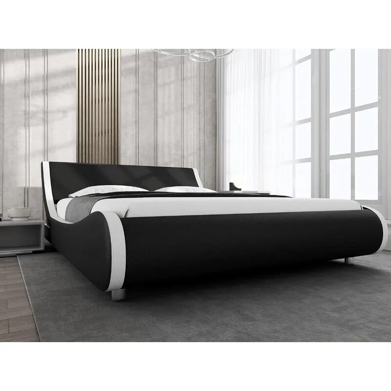 Lit de traîneau mince moderne, lit équipé d'une tête de lit en cuir synthétique, facile à assembler, grand cadre de lit à plateforme rembourré