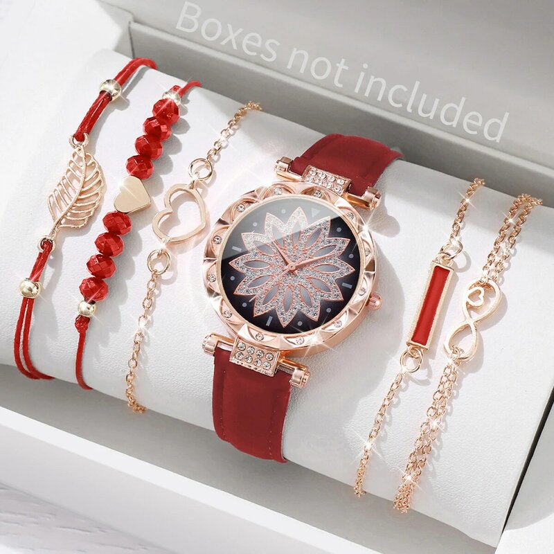 6pcs/set Fashion Women Leather Strap Flower Quartz Watch & Bracelet Set