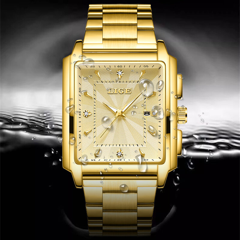 ساعات مربعة ذهبية للرجال من LIGE ، فولاذ مقاوم للصدأ ، ساعة معصم مقاومة للماء ، علامة تجارية فاخرة ، ساعة كوارتز ذهبية