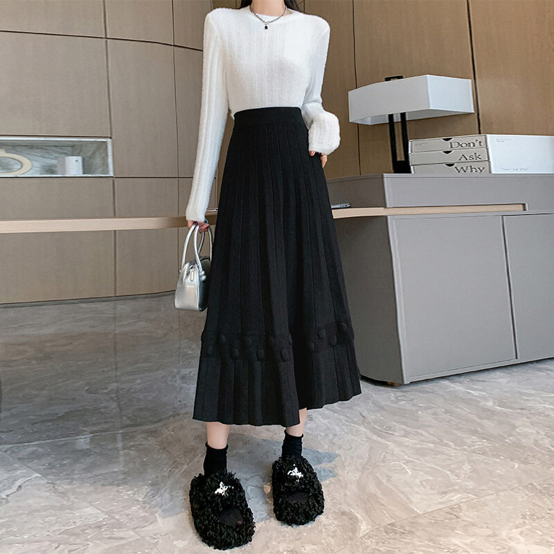 Duży rozmiar moda wysoki stan koreański styl luźny średniej długości jednolity kolor prosty damski spódnica z dzianiny