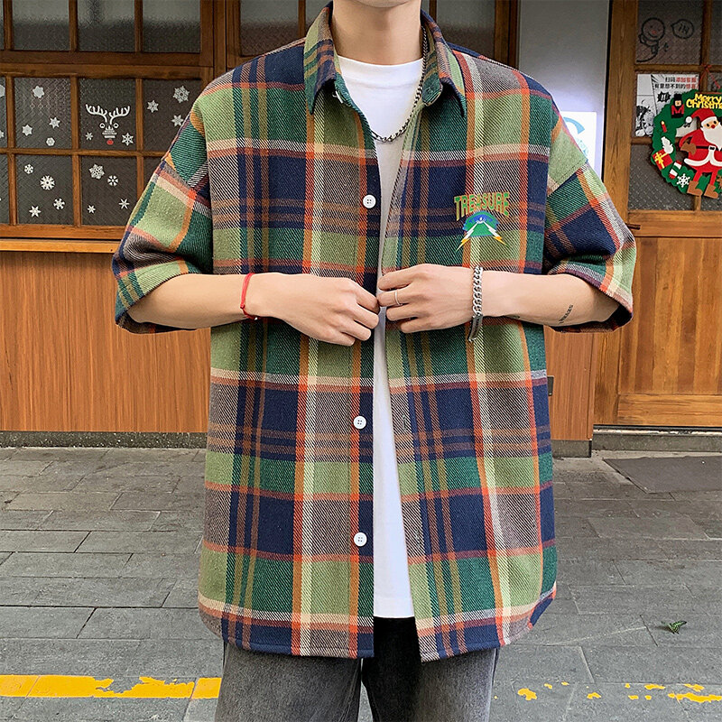 Camisa a cuadros de manga corta bordada para hombre, overoles de Hip Hop con solapa, ropa de calle Vintage suelta, Harajuku, verano, 2024