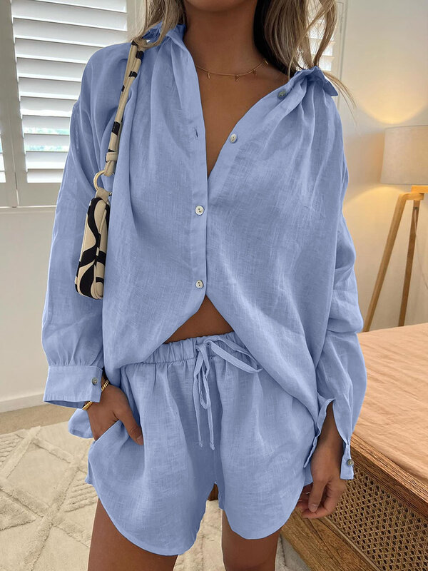 Marthaqiqi-Terno pijama azul solto para mulheres, pijamas com gola virada para baixo, camisolas de manga longa, shorts, conjuntos casuais de pijamas