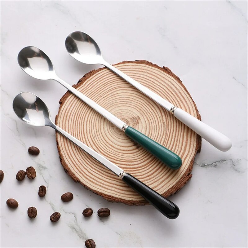 Cuchara de café de acero inoxidable con mango de cerámica largo, cuchara de helado, cuchara de postre, utensilios de cocina pequeños simples