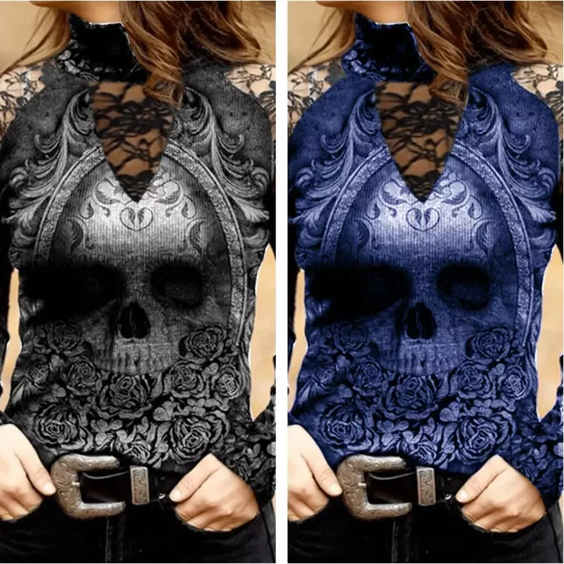 Cool Summer Women Fashion Turtle Neck Skull & Flower Print T-Shirt Gothic Hollow Long Sleeve Versatile Personality Y2k Lady Tops