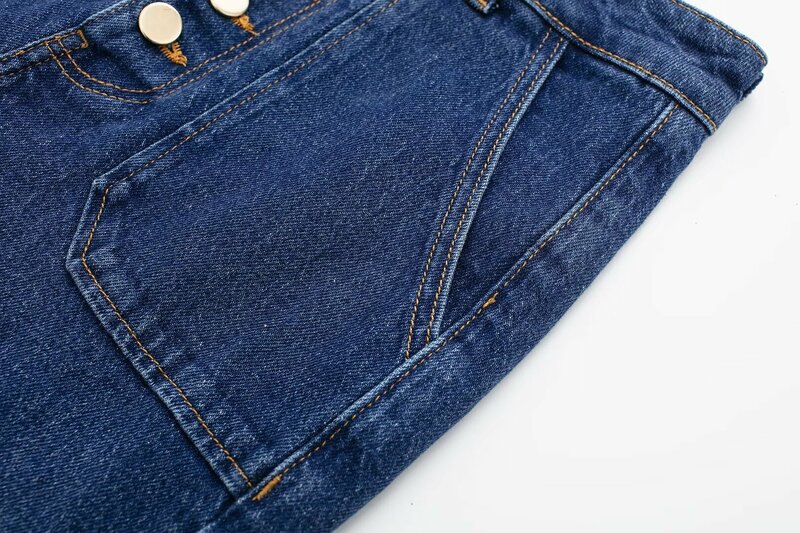 Pantalon en denim taille haute avec décoration de boutons pour femme, jean en corne décontracté, poche latérale rétro, nouvelle mode, 2024