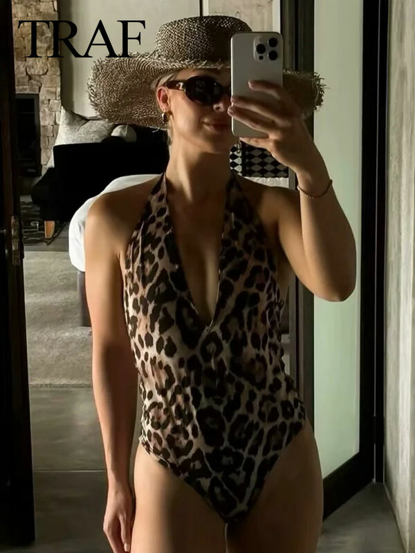 TRAF-Macacão sexy com estampa leopardo feminino, roupa de praia, gola V na moda, Onesies magros, espartilho, macacão chique, moda natalícia, verão, 2024