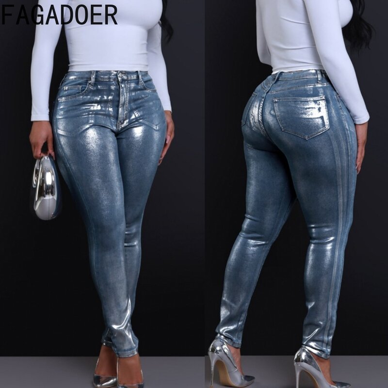 FAGADOER srebrzysta moda błyszcząca elastyczność spodnie obcisłe kobiet kieszeń na guzik spodnie z wysokim stanem dopasowane damskie Streetwear