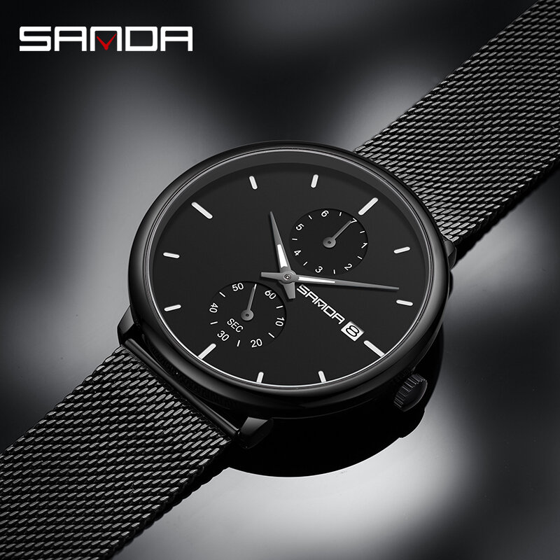 Часы SANDA Мужские кварцевые с сетчатым браслетом, люксовые брендовые ультратонкие, из нержавеющей стали, P1115