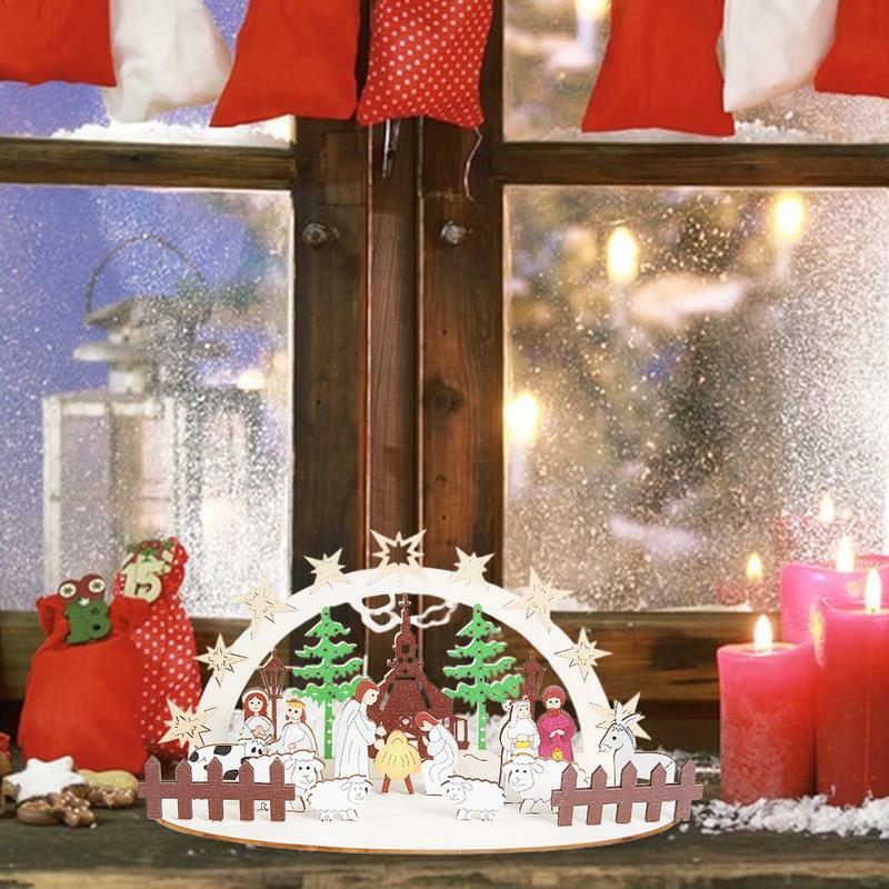 Presépio de Natal ornamentos DIY conjunto de recorte de madeira inacabado, ornamentos cristãos portáteis para Stud