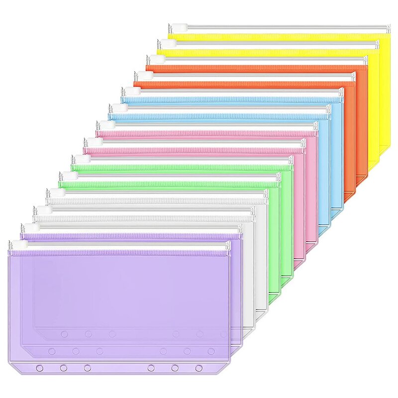14 buah kantong A6 ukuran 6 lubang folder ritsleting tahan air PVC tas daun longgar untuk Notebook 6 cincin