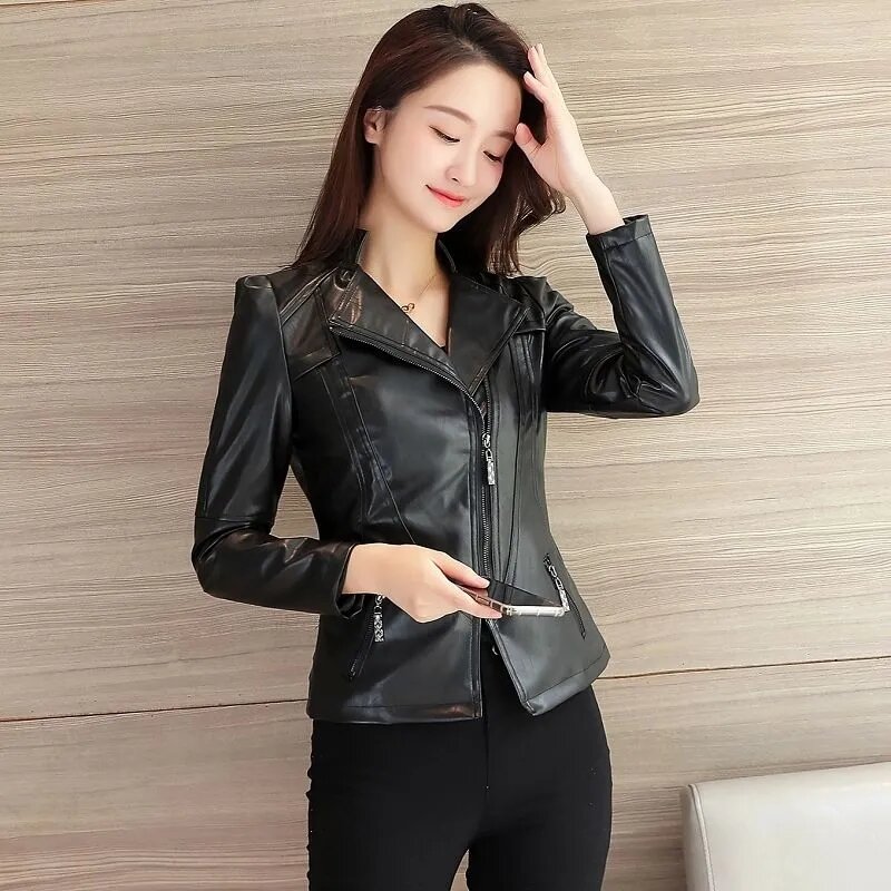 Jaket kulit sintetis hitam wanita musim semi musim gugur 2023 jaket PU slim-fit pendek jaket pengendara sepeda motor