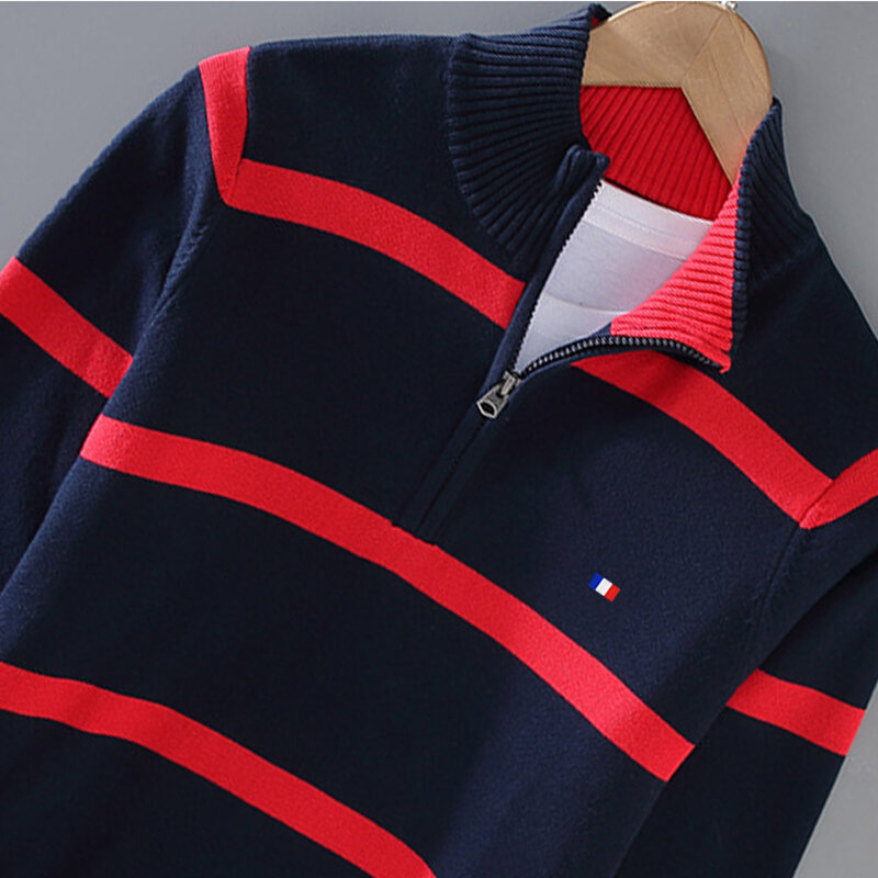 Pure Cotton Sweater Men's Autumn/Winter Fit Half Height Zipper Stripe Business Casual High Neck Pullover Spring jumper
