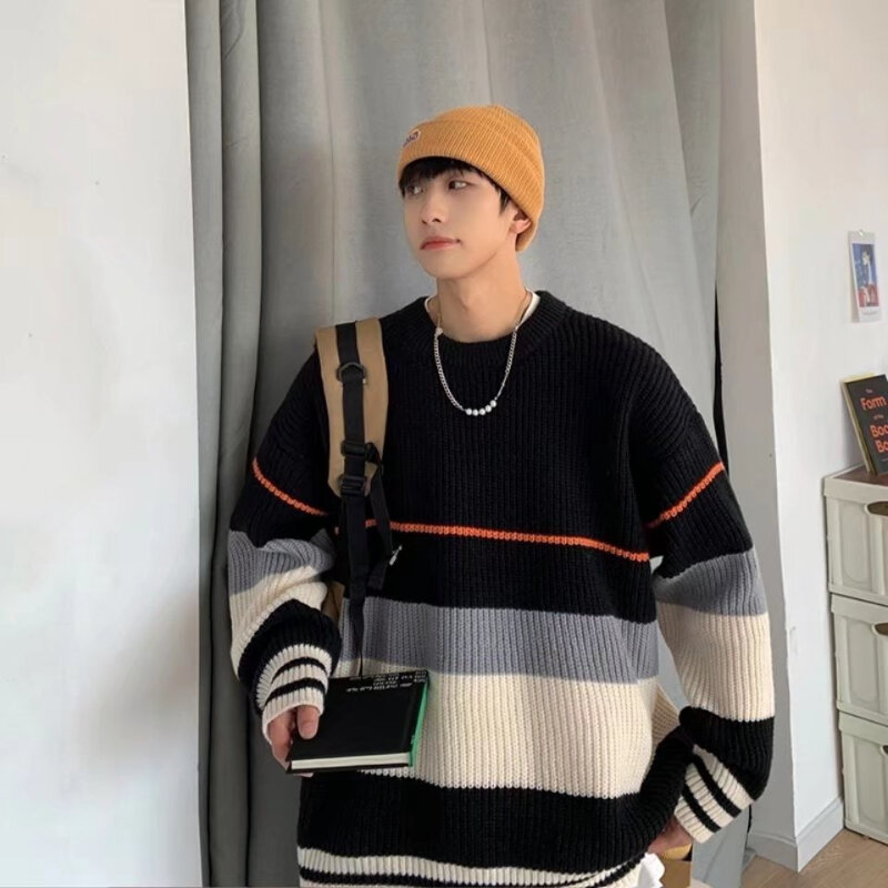 남성용 스트라이프 스웨터, 다채로운 일본 스타일, 대비 색상, 레저, 아늑한 부드러운 십대, 다목적 레트로 미적, 시크 패션
