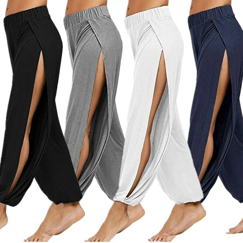 Pantalones de Yoga de cintura alta para mujer, mallas Haren de pierna ancha, Leggings de gimnasio, pantalones de entrenamiento huecos sólidos, ropa de gimnasio en casa