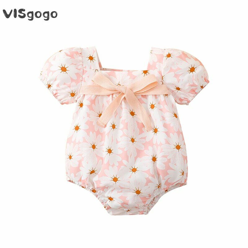 Visgogo รอมเปอร์เด็กทารกแรกเกิดเพศหญิงเสื้อผ้าในฤดูร้อนที่น่ารักชุดจั๊มสูทคอสี่เหลี่ยมแขนพองสั้นโบว์ Sablon Bunga 0-18เมตร